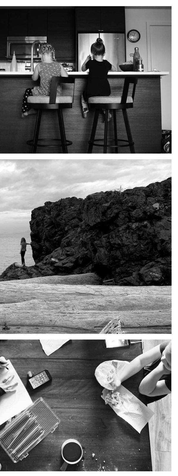 Collage of daughters in black and white. Eating breakfast, by the beach, and a messy table. 