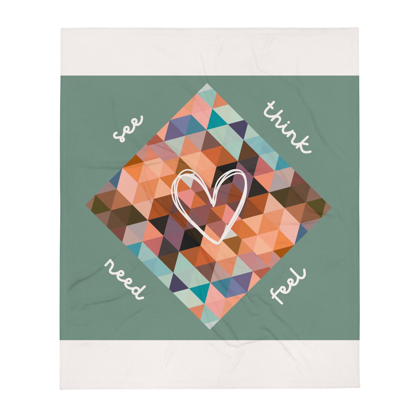 Colorful geometric-patterned communication blanket in green. The blanket features a communication tool printed in the design for emotional regulation. 