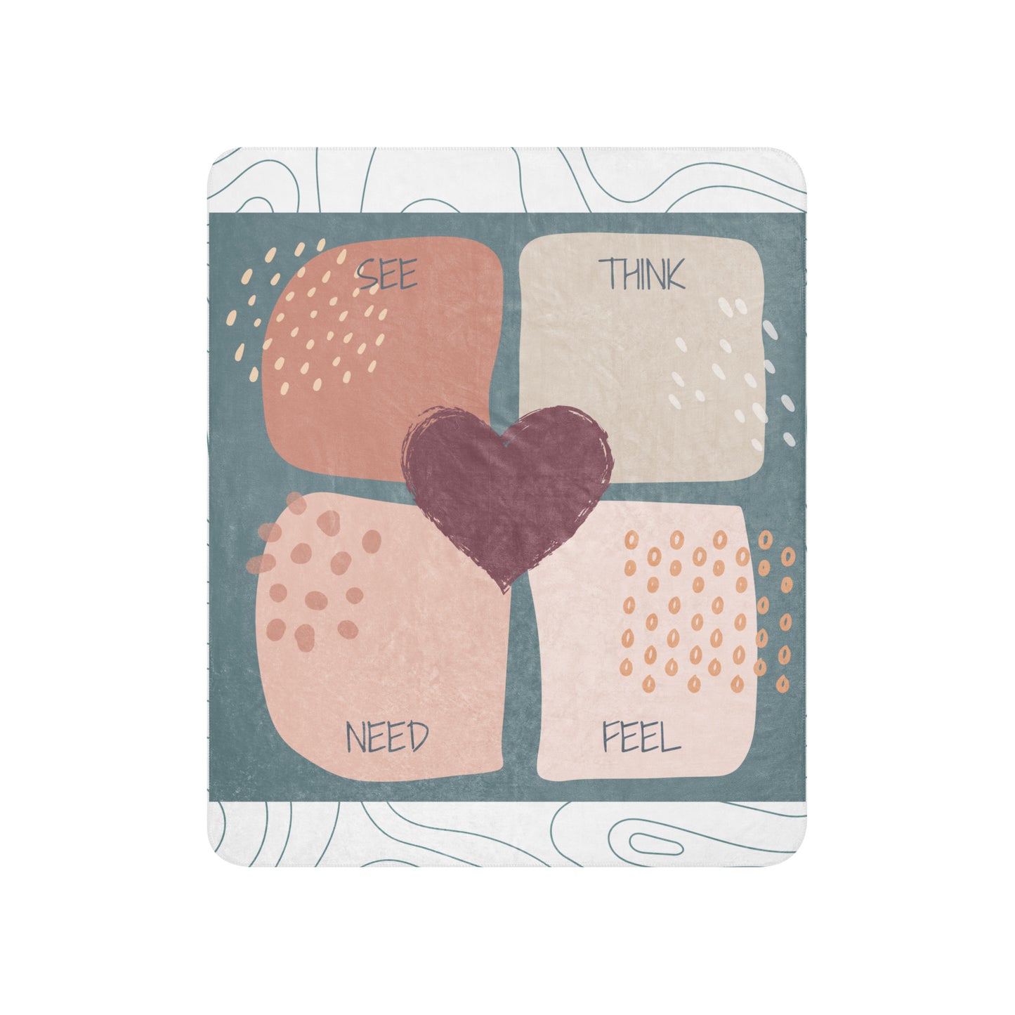 Communication blanket with the emotional regulation (see-think-feel-need) framework shown in pink and neutral colours.